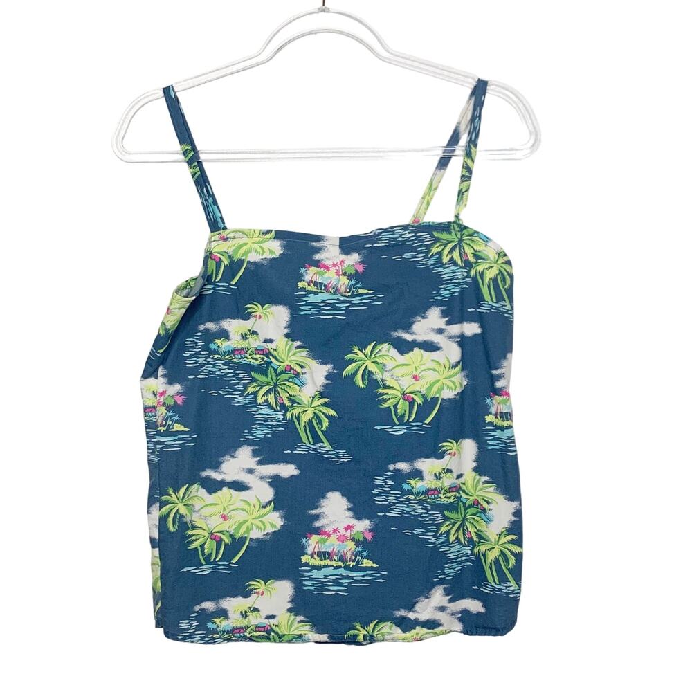 HOLLISTER Hawaiian Button Back Sleeveless Top Island Print Blue Green Size Small